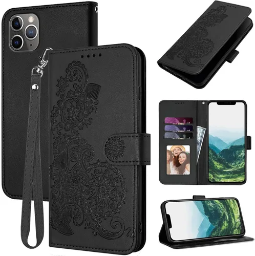 Funda tipo cartera para iPhone 11 Pro, de piel sintética con bonito patrón floral para mujeres y niñas, tarjetero con función atril, correa para la