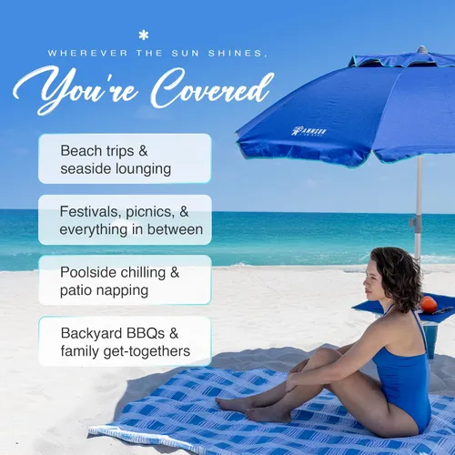 Miniatura 7 de AMMSUN Sombrilla de playa resistente de 7 pies para vientos fuertes con anclaje de arena, poste inclinable con ventilación y bandeja de mesa Azul