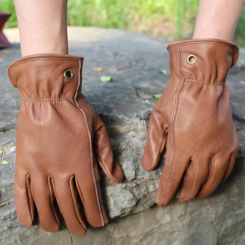 Miniatura 5 de Guantes de trabajo de cuero de vaca marrón retro para construcción, jardinería y trabajo en el jardín con palma reforzada para hombres y mujeres