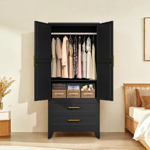 PAOFIN Armario de metal negro de 71 pulgadas, armario de almacenamiento de ropa para dormitorio con 2 cajones y barra para colgar, armario