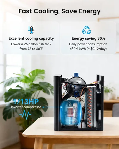 Miniatura 2 de BAOSHISHAN 1/13 HP Enfriador de acuario 26 galones 100L sistema de refrigeración por agua Quiet Compressor Refrigeration, Precise Cooling Aquarium