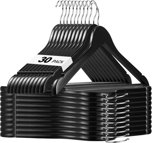 Miniatura 22 de HOUSE DAY - Paquete de 10 perchas de madera negra, percha de madera maciza con barra antideslizante para pantalones, percha de abrigo de madera Negro