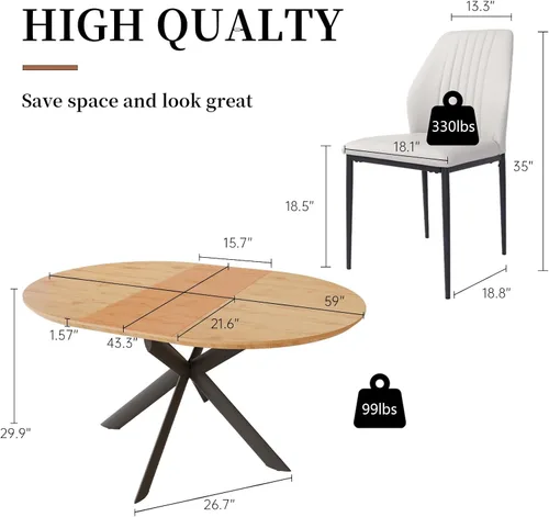 Miniatura 6 de HIPIHOM Juego de mesa de comedor redonda extensible de 43.2"-59.1", mesa de cocina para 4-6 personas con tablero de MDF engrosado resistente a Mesa