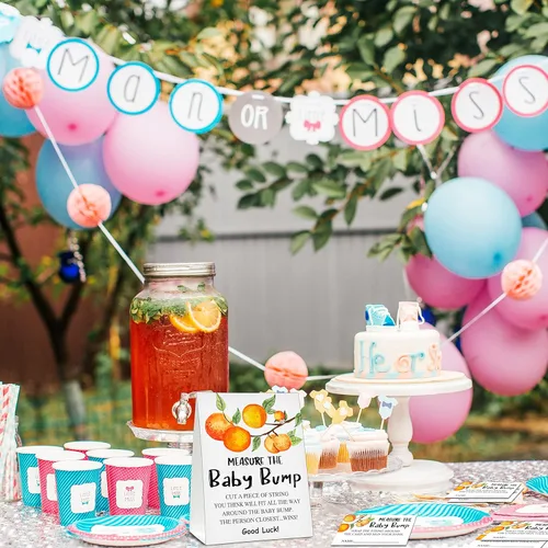 Miniatura 3 de Measure the Baby Bump - Juego de juego para baby shower, 1 letrero de pie con 50 tarjetas de adivinanzas, suministros de decoración de fiesta