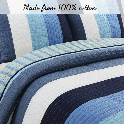 Miniatura 2 de Cozy Line Home Fashions Juego de ropa de cama acolchada reversible para niño de 100% algodón a rayas azul marino, colcha cubrecama para todas