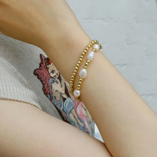 Miniatura 5 de Pulseras de cuentas de oro para mujer, perlas barrocas apilables, chapadas en oro de 14 quilates, pulsera de bolas elásticas para regalo de joyería
