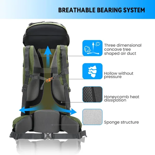 Miniatura 3 de Bseash Mochila impermeable de 80L para senderismo y camping con funda para la lluvia, ligera, para deportes al aire libre, viajes, mochila de día