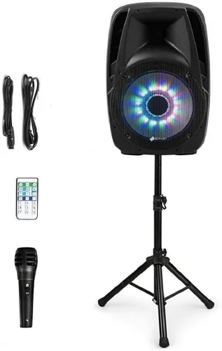 Sonart - Altavoces alimentados de 15 pulgadas, 1500 W, sistema de altavoces PA portátiles de rango completo de 2 vías con soportes/luz