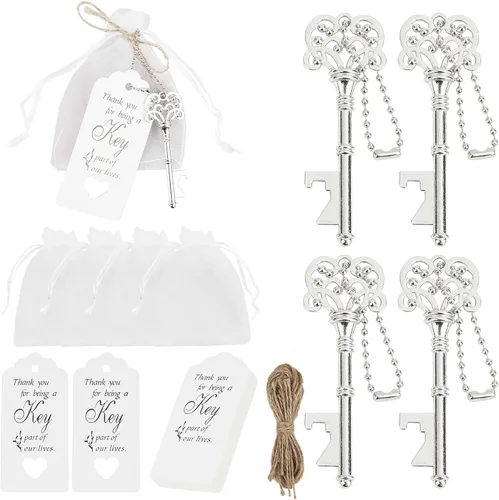 20 piezas de abrebotellas de esqueleto vintage con bolsas de organza, etiquetas de agradecimiento, cuerda de yute y cadenas, regalos perfectos de