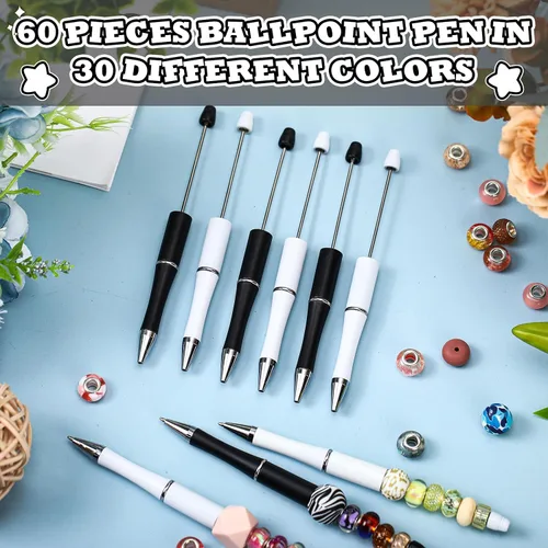 Miniatura 4 de Kosiz - 60 unidades de bolígrafos de plástico con cuentas, bolígrafos de bola de tinta negra para niños, estudiantes, regalos, suministros de Blanco