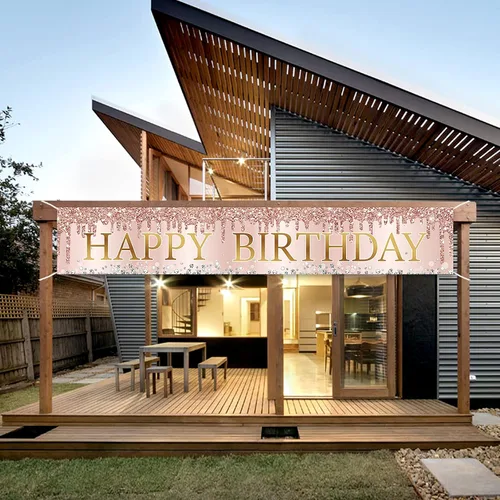 Miniatura 5 de Cartel de feliz cumpleaños de oro rosa rosa, gran cartel de feliz cumpleaños para patio, suministros de fiesta para mujeres, decoración