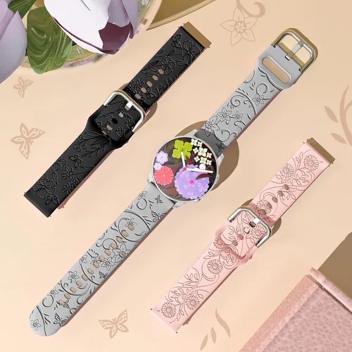Miniatura 2 de Paquete de 3 correas grabadas con flores compatibles con Samsung Galaxy Watch 7 6 5 4 FE Active 2 1.575 in 1.732 in, Watch 6 4 Classic 1.654 in