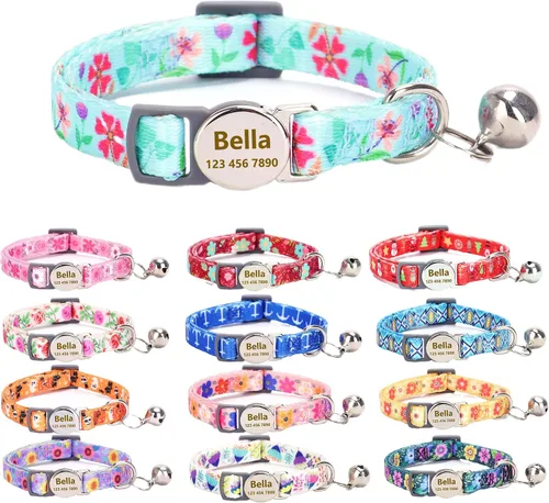 Miniatura 10 de Collar de gato con nombre de identificación, placa de número de teléfono, patrón floral grabado personalizado, collar de gatito con campana, azul a