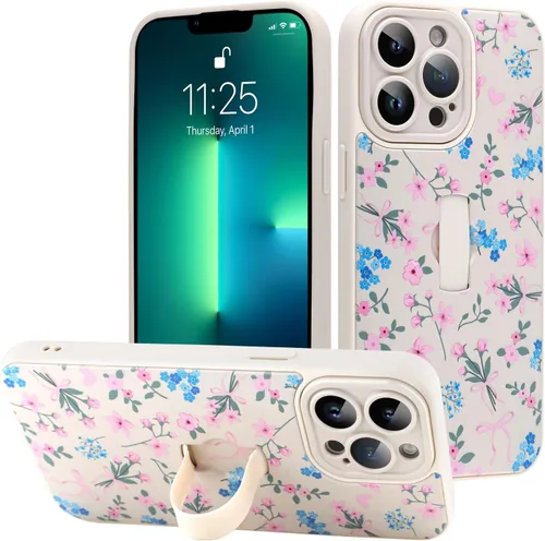 Miniatura 54 de Funda diseñada para iPhone 17 Pro Max con soporte plegable y correa para dedos, bonito patrón de lazo de corazón de flor rosa para mujeres y niñas