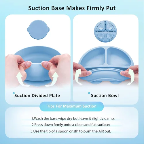 Miniatura 6 de Bufims Juego de alimentación de silicona para bebés, suministros de destete para bebés, utensilios esenciales para comer con placa de succión y Azul