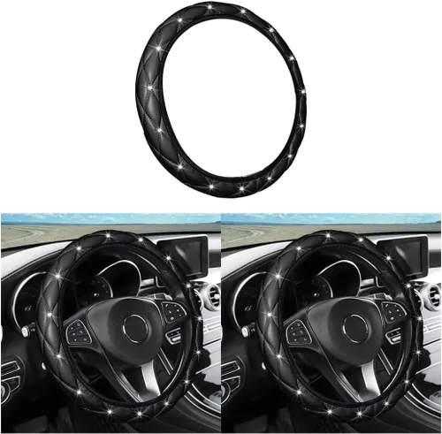 Funda de volante de piel suave con diamantes de imitación de cristal, accesorios universales para SUV, camión, camioneta, automóvil (negro)