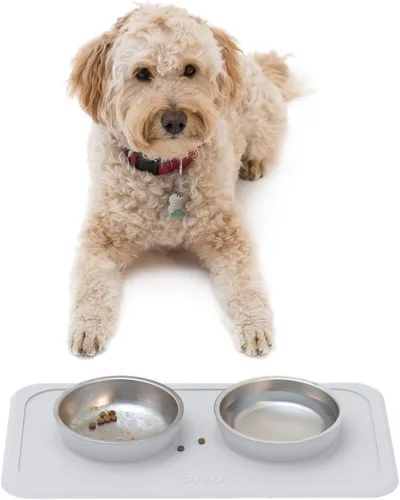 Miniatura 7 de Ono Good Bowl - Comedero doble para alimentos y agua, tapete de silicona antideslizante para mascotas pequeñas a medianas y cuencos de acero azul