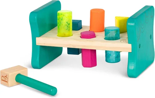 B. toys – Clasificador de formas de madera – Banco de golpeo para clasificación de formas – 6 clavijas y martillo de juguete – Juguetes clásicos