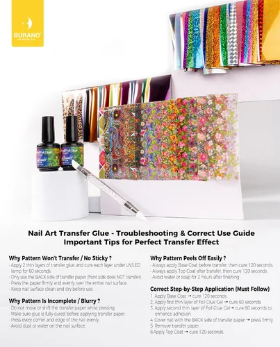 Miniatura 7 de BURANO Gel de pegamento para arte de uñas, 0.5 onzas líquidas, 2 botellas con 60 calcomanías de láminas, diseño de uñas, arte de transferencia