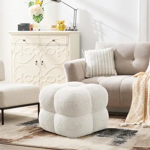 Miniatura 7 de Taburete otomano cuadrado, mesa de centro otomana Boucle con cobertura completa, taburete de tocador moderno, puf tapizado con reposapiés para Blanco