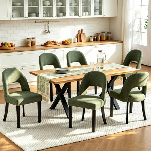 Miniatura 23 de Juego de 2 sillas de comedor de madera, modernas sillas de comedor tapizadas para cocina con tela de lino y respaldo abierto, patas de madera