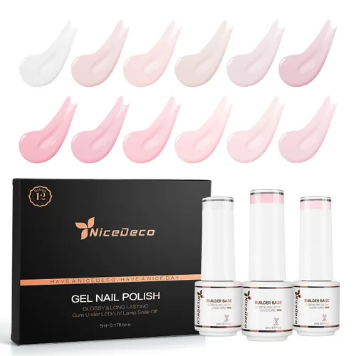 Nicedeco Builder - Juego de 12 esmaltes de gel para uñas, sin hema, libre de crueldad, vegano, colores base, color rosa nude, fortalecedor duro, kit