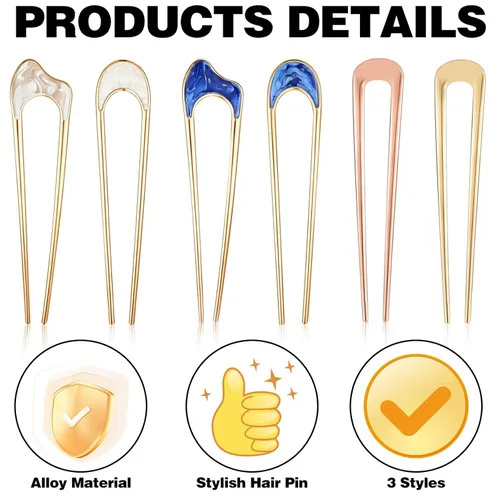 Miniatura 3 de 6 horquillas de pelo francesas en U para mujer, de metal para moño en forma de U, pasador de torsión francés dorado y azul grueso, fino, accesorios