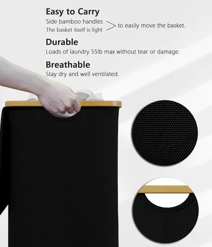 Miniatura 7 de SUOCO Cesta de lavandería con tapa, cesta de ropa de 29 galones (110L) con asas de bambú, cesta grande plegable para la ropa sucia para dormitorio