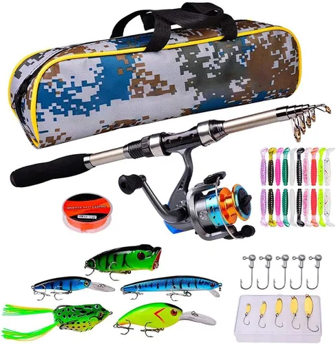 Miniatura 2 de Juego de combos de caña de pescar, caña de pescar telescópica con carretes giratorios, con bolsa de transporte de pesca, equipo de pesca, línea