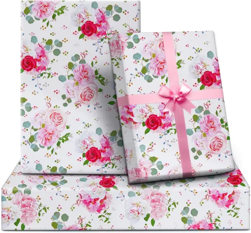 Juego de papel de regalo de boda y cinta para niñas y mujeres, 6 hojas plegadas, diseño de rosa roja y rosa, 20 x 28 pulgadas, papel de regalo para