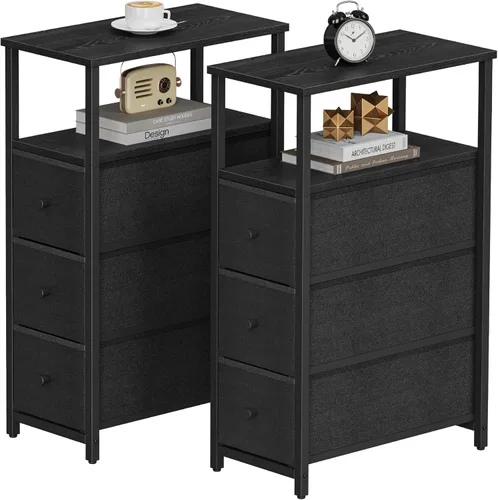 Miniatura 27 de TUTOTAK - Mesa auxiliar pequeña y estrecha con estación de carga; mesa de lado con tomas de corriente; mesita de noche con 2 cajones de tela; mesa