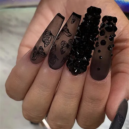 Miniatura 12 de Uñas postizas a presión con puntas francesas, uñas postizas de color rosa medio con diamantes de imitación brillantes, uñas postizas acrílicas