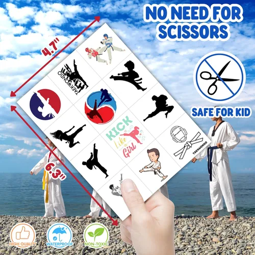 Miniatura 4 de 96 tatuajes temporales precortados de Taekwondo - Recuerdos de fiesta temática de karate y kung fu, lindos tatuajes falsos para niños, niños