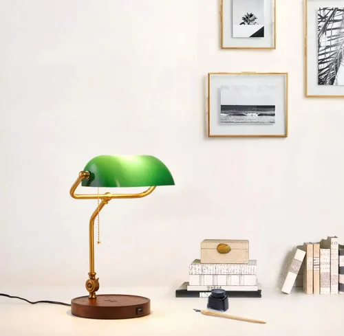 Miniatura 3 de Hsyile KU300237 Lámpara de mesa retro con interruptor de cuerda con puertos de carga USB, con pantalla de cristal retro verde para sala de estar
