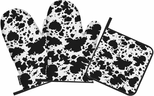 Juego de manoplas de horno y soportes para ollas, diseño de vaca, color negro, creativo, resistente al calor, 3 piezas para cocinar, hornear,