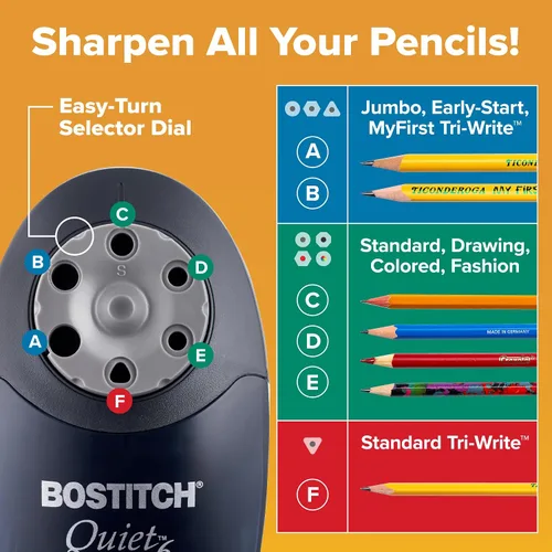 Miniatura 3 de Bostitch Office QuietSharp - Sacapuntas eléctrico, resistente para uso en aula u oficina, selector de tamaño con 6 tamaños diferentes, color negro