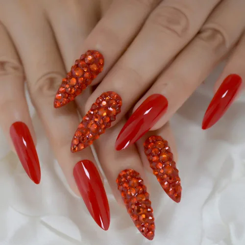 Miniatura 3 de Juego de 24 uñas postizas extralargas con diamantes de imitación, cobertura completa, juego de uñas postizas puntiagudas para mujer