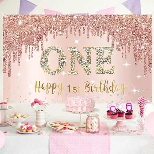 Miniatura 4 de Pancarta y Decoraciones de Fondo de Feliz Primer Cumpleaños para Niñas - Suministros de Letrero de Fiesta de Oro Rosa de 1 Año, Póster de Primer 1st