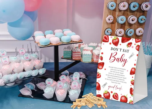 Miniatura 3 de Juego de bebé de fresa con texto en inglés "Don't Say Baby Show", paquete de un letrero de 5 x 7 pulgadas y 50 mini pinzas naturales para la ropa