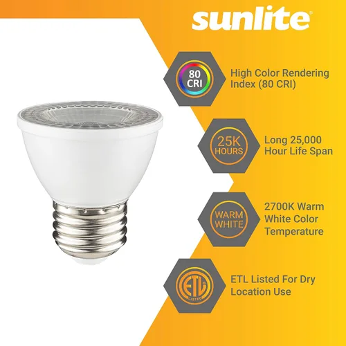 Miniatura 3 de Sunlite Bombilla LED PAR16 regulable, de cuello corto, empotrable, 7 vatios, (reemplazo halógeno de 50 W) 500 lúmenes, base E26 media, certificación