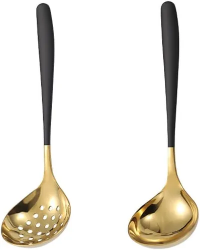 Colador de sopa de oro negro Colador de cuchara ranurada Skimmer Colador Salsa Servidor de salsa Servidor de acero inoxidable Negro/Oro