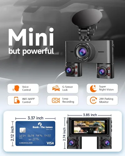 Miniatura 2 de Cámara de tablero de 360° frontal y trasera en el interior, cámara de tablero de 4 canales para automóviles FHD 1080Px4, Wi-Fi integrado, pantalla