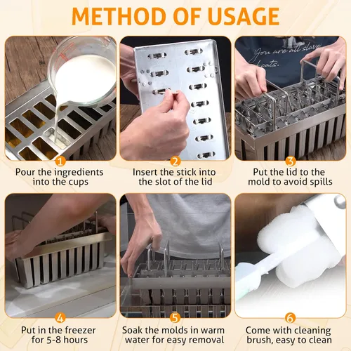 Miniatura 6 de WICHEMI Moldes comerciales de paletas de acero inoxidable, moldes para paletas de hielo, 20 unidades, molde de paletas de hielo, molde para hacer