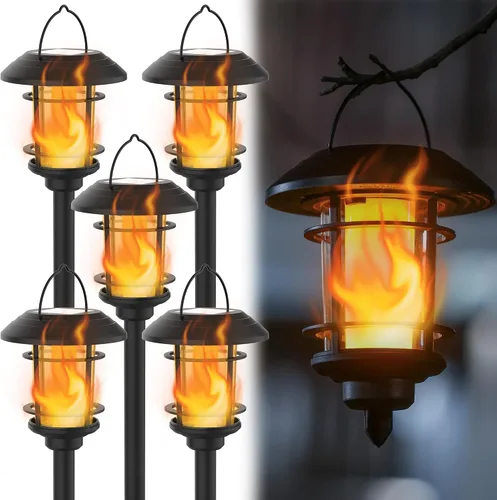 Miniatura 9 de Dynaming 6 unidades de luces de antorcha de llama solar al aire libre, luz de jardín de llama parpadeante de doble uso para Halloween, linternas