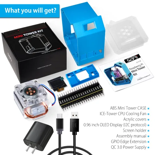 Miniatura 2 de GeeekPi Kit de mini torre con fuente de alimentación QC3.0 para Raspberry Pi 4, Pi 4 con enfriador de torre ICE, módulo OLED de 0.96 pulgadas