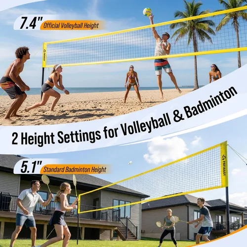 Miniatura 4 de 4 Square Volleyball Game Set, 4 Way Net System with 16FT & 32FT Court, Adjustable Height Backyard Badminton Combo, Portable Outdoor Kit with Ball