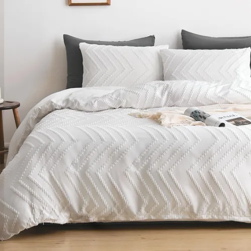 Miniatura 16 de WARMDERN Juego de funda de edredón a rayas azules, ropa de cama con textura bohemia acolchada con mechones, 2 piezas tamaño Twin de microfibra
