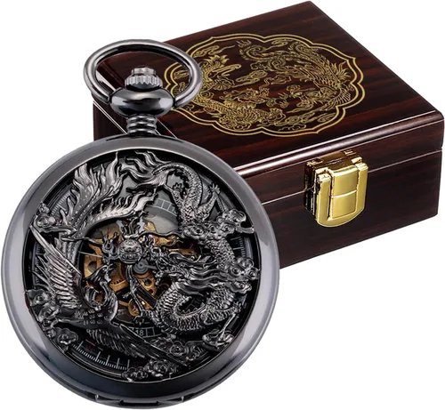 Miniatura 10 de ManChDa Antique Mechanical Pocket Watches for Men Lucky Dragon Phoenix Pocket Watch with Chain Skeleton Dial Roman Numerals Gifts for Fathers Day