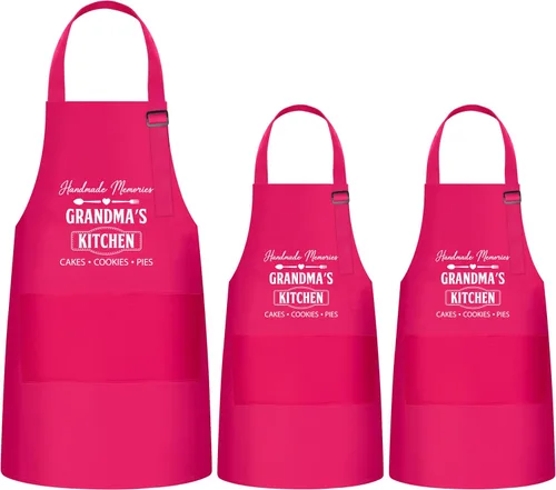 Juego de 3 delantales para niños y adultos, regalo para la abuela y el niño, diseño de cocina de la abuela rosa, delantales de cocina ajustables con