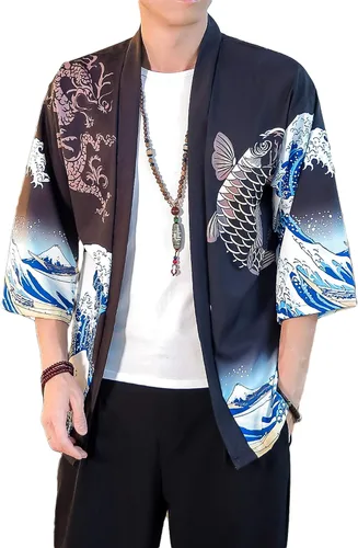 Miniatura 28 de PRIJOUHE Chaqueta Kimono Ligera para Hombre de Manga Tres Cuartos con Frente Abierto Cárdigan Estilo Japonés